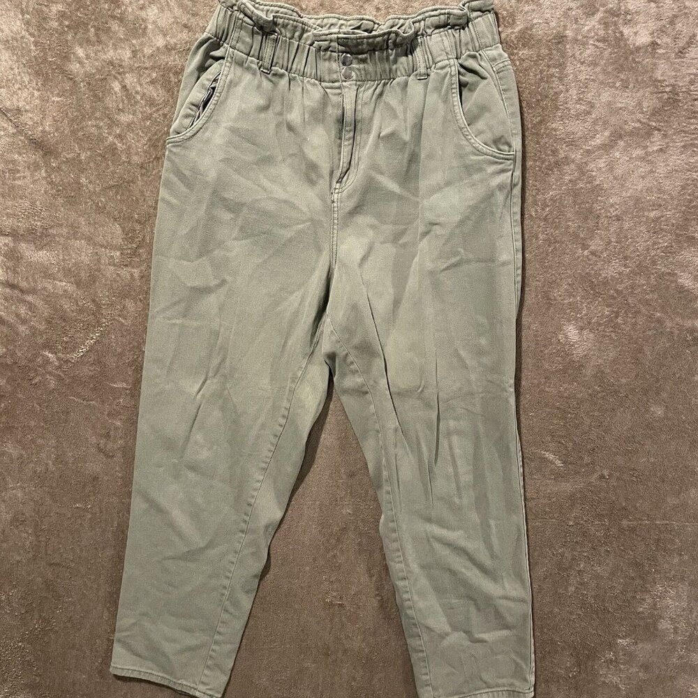 H&M Womens Sage Green Paper Bag Button High Waist Pants Sz 10  Tapered